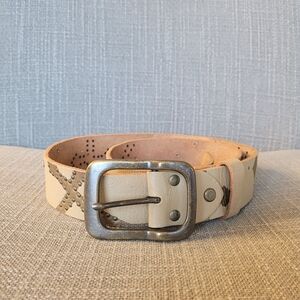 Unisex Grunge Khaki Leather Studded Belt with Metal Buckle